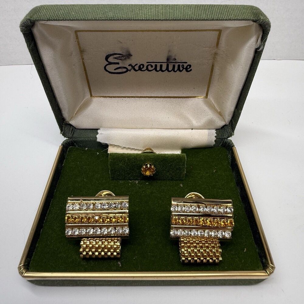 Vintage Executive Gold Tone Rhinestone Cuff Links & Tie Tack Matching Set New